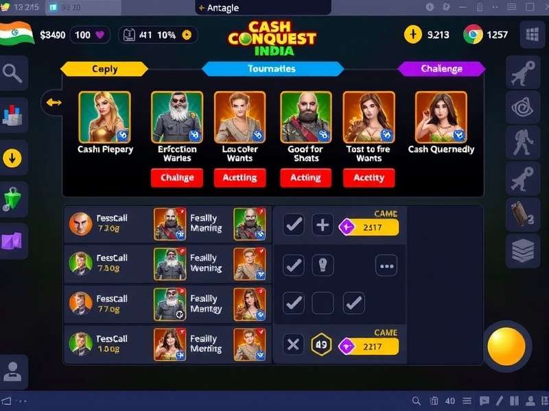 Cash Conquest India gameplay interface showing various challenges and rewards