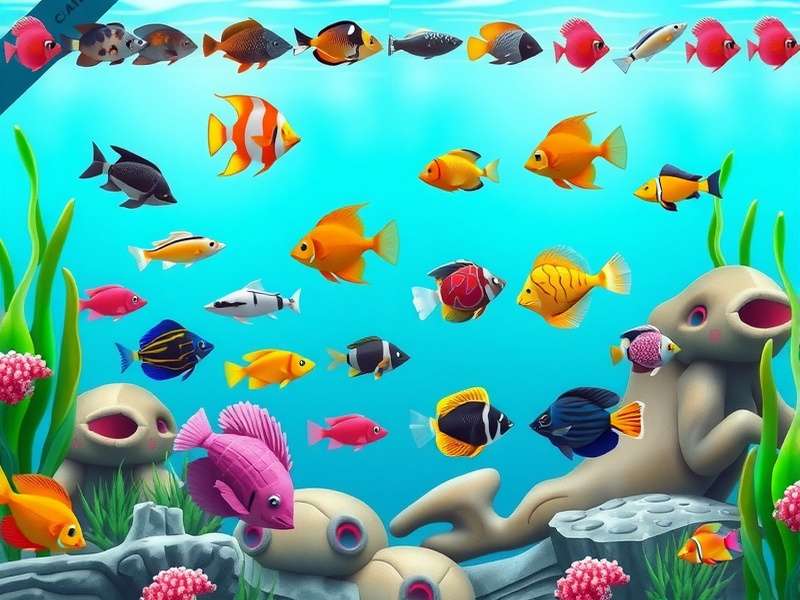 Tropical Aquarium Adventure gameplay screenshot showing colorful fish in an aquarium