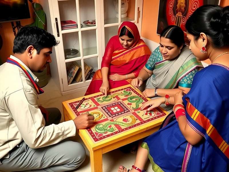 Family playing Snakes and Ladders during Indian festival