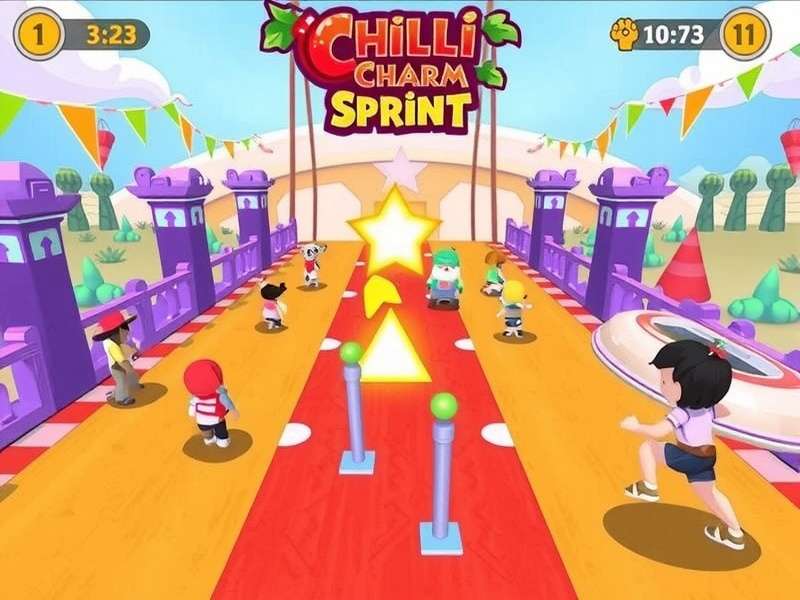 Chilli Charm Sprint gameplay screenshot showing vibrant racing track with chili power-ups