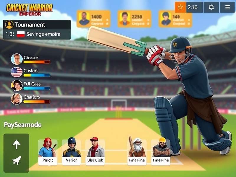 Cricket Warrior Emperor gameplay screenshot showing cricket field with warrior characters