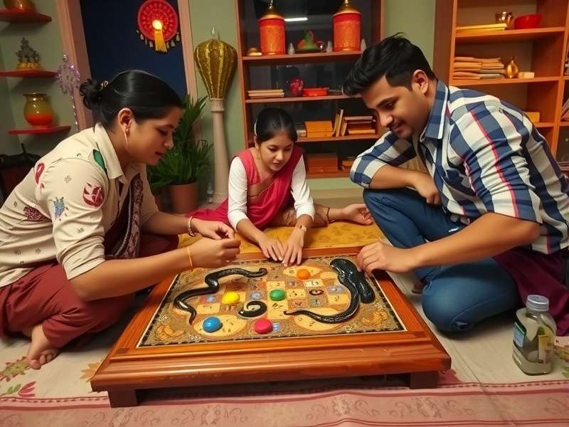 Traditional Snakes and Ladders board game setup