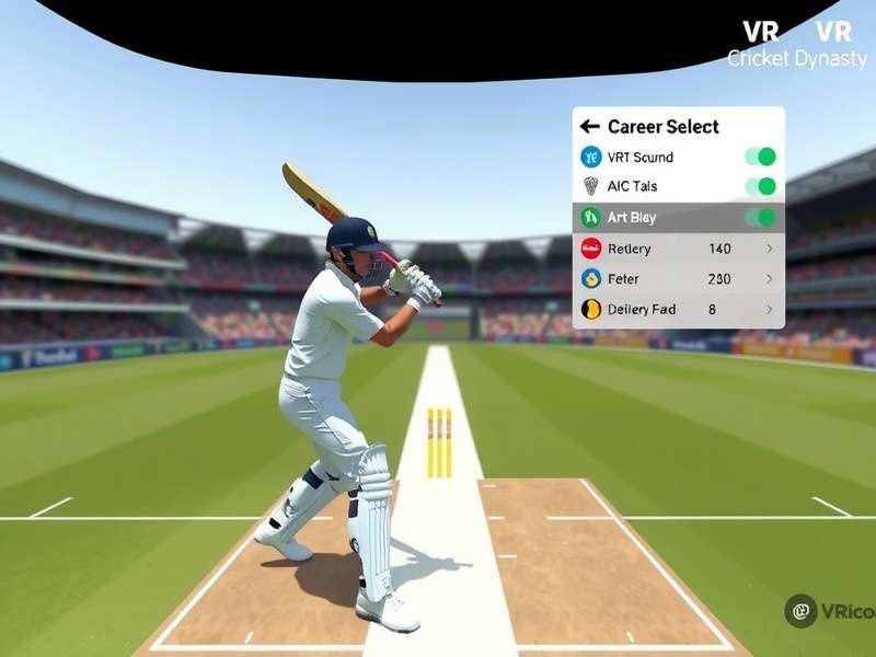 VR Cricket Dynasty gameplay showing batsman perspective in virtual reality