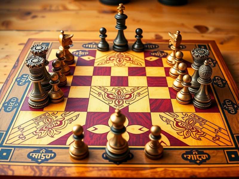 Sikh Chess Kingpin board with special pieces and Khanda squares highlighted
