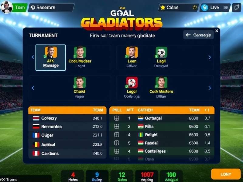 Goal Gladiators tournament screen showing various competitions