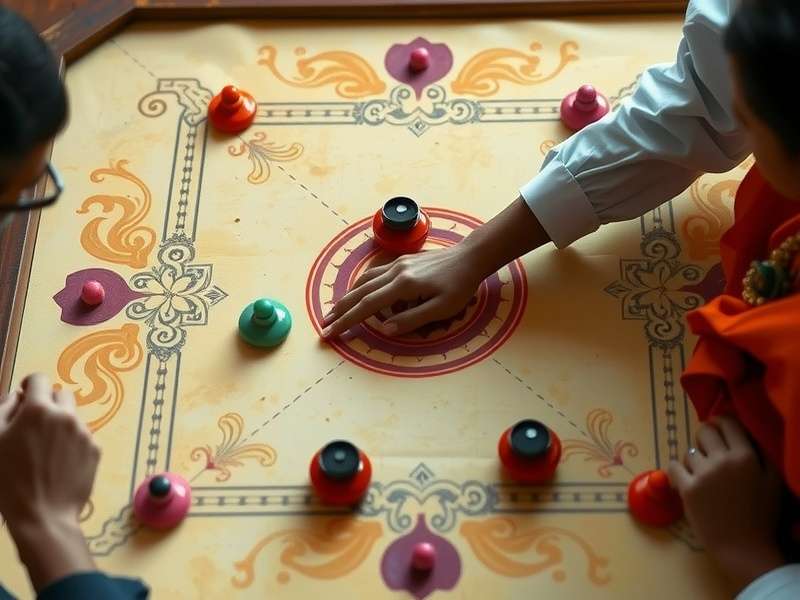 Agile Carrom Combat board setup with pieces