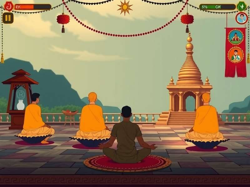 Spiritual Sojourn game visual showing meditation scene with Indian spiritual elements