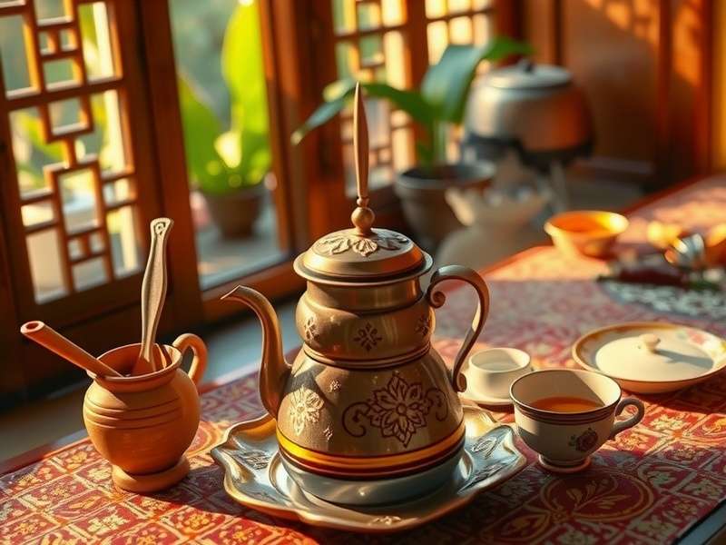 Traditional Indian tea ceremony with spices and utensils