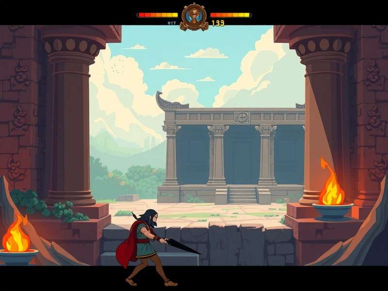 Temple Pixel Odyssey main gameplay screen showing character in ancient temple