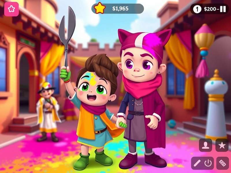 Colorful Holi Quest character customization and color selection interface