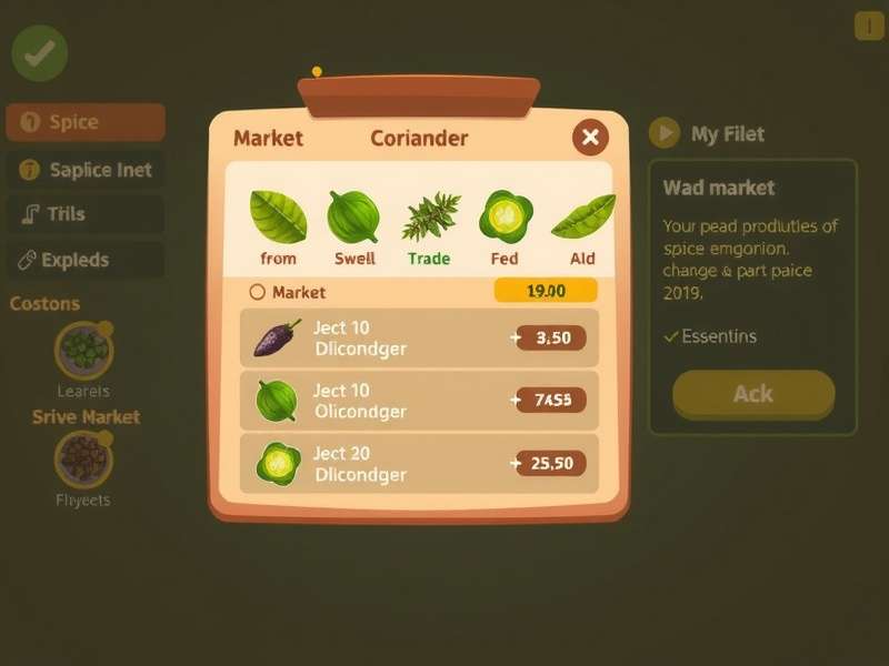 Spice Saga Coriander gameplay screenshot showing trading interface