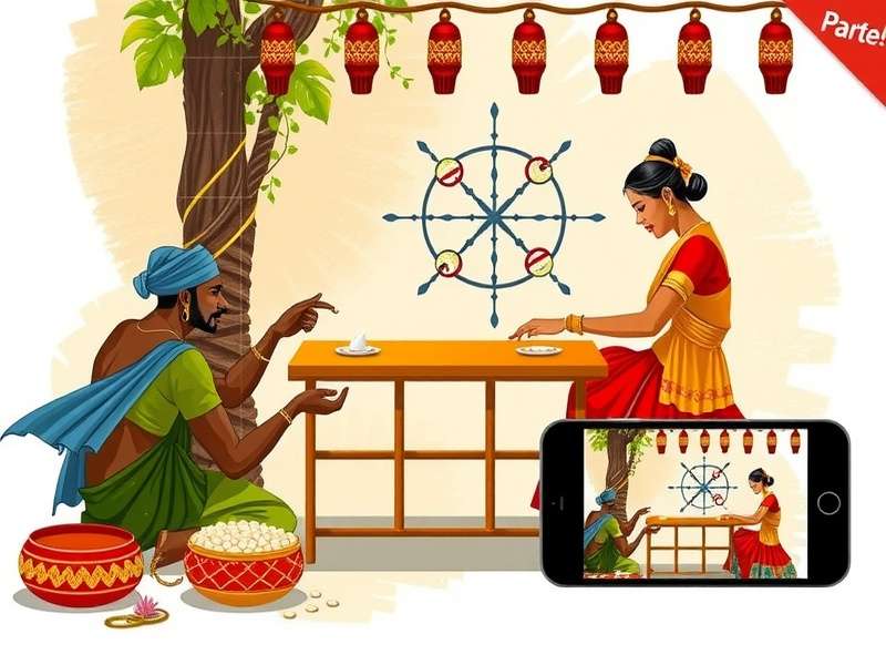 Historical depiction of Tic Tac Toe Malayali being played in traditional Kerala setting