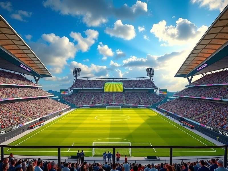 Panoramic view of a modern football stadium with a full crowd