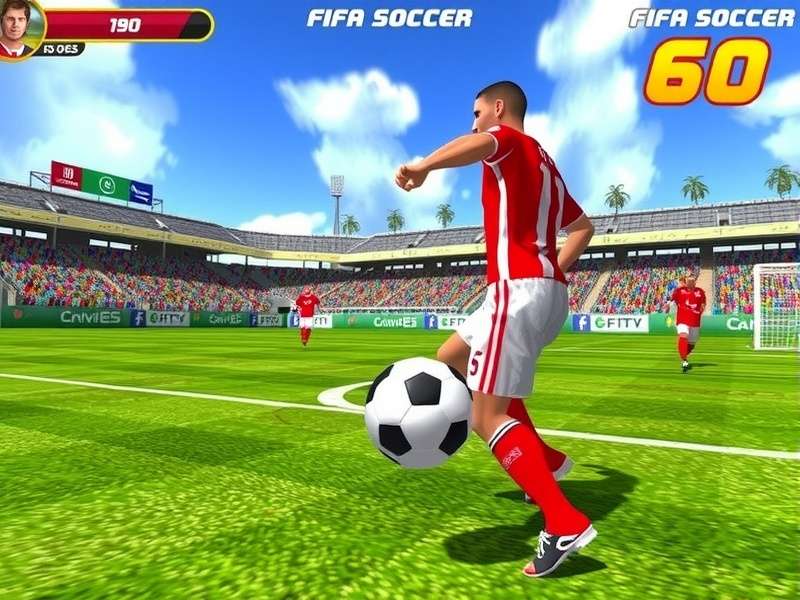 FIFA Soccer 64 gameplay screenshot showing 3D players on a detailed pitch