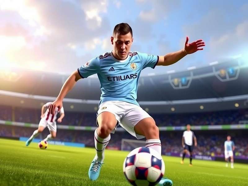 A vibrant in-game screenshot from FIFA showing a player taking a free-kick in a packed stadium