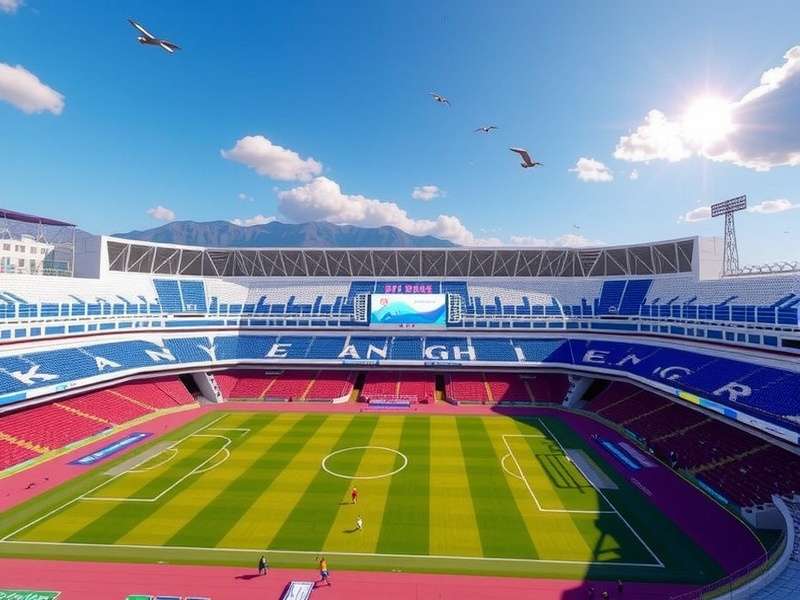 MetLife Stadium exterior with lights on at dusk