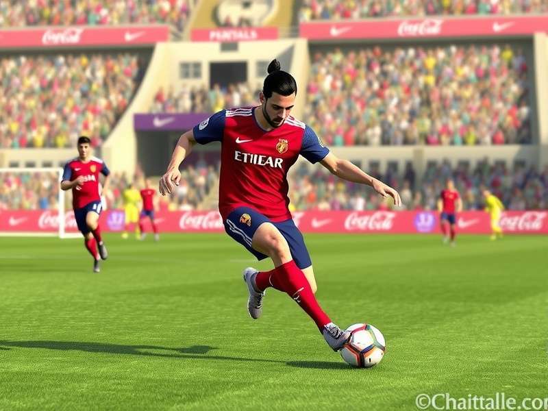 FIFA Soccer gameplay action showing a dramatic match moment with players competing on the pitch