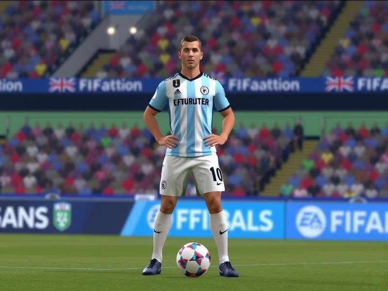 FIFA Soccer ball on green field with stadium in background